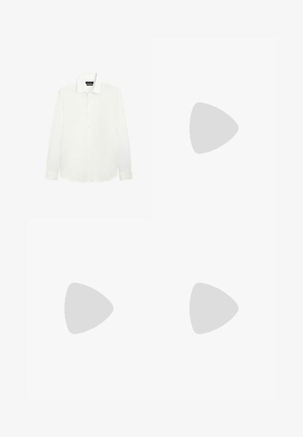 Hvid langærmet skjorte med klassisk krave, knaplukning og tætsiddende manchetter. Glat stof med en subtil glans. Etiket synlig ved halsen.; Massimo Dutti JOGGER FIT - Bukser - black; Brune og blå ternede brede benbukser parret med hvide sko med sorte accenter og strukturerede såler, sat mod en grøn baggrund.; Sorte rektangulære solbriller med grønne linser, der har en mat overflade, lige stænger og Ray-Ban-logoet på siden.