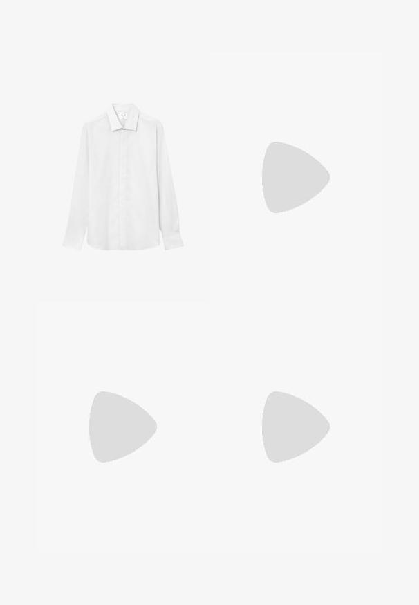 Camicia bianca a maniche lunghe con colletto classico, apertura frontale con bottoni e forma leggermente aderente. Tessuto liscio senza motivi o accenti visibili.; T-shirt di cotone verde chiaro con scollo rotondo, maniche corte e un logo del marchio stampato in modo discreto al centro del petto.; Pantaloni a gamba larga realizzati in tessuto grigio scuro. Presentano pences in vita, un design sartoriale e una silhouette dritta.; Scarpa oxford in pelle nera con design con lacci, punta arrotondata, suola piatta in gomma e dettagli di cucitura discreti lungo la parte superiore.