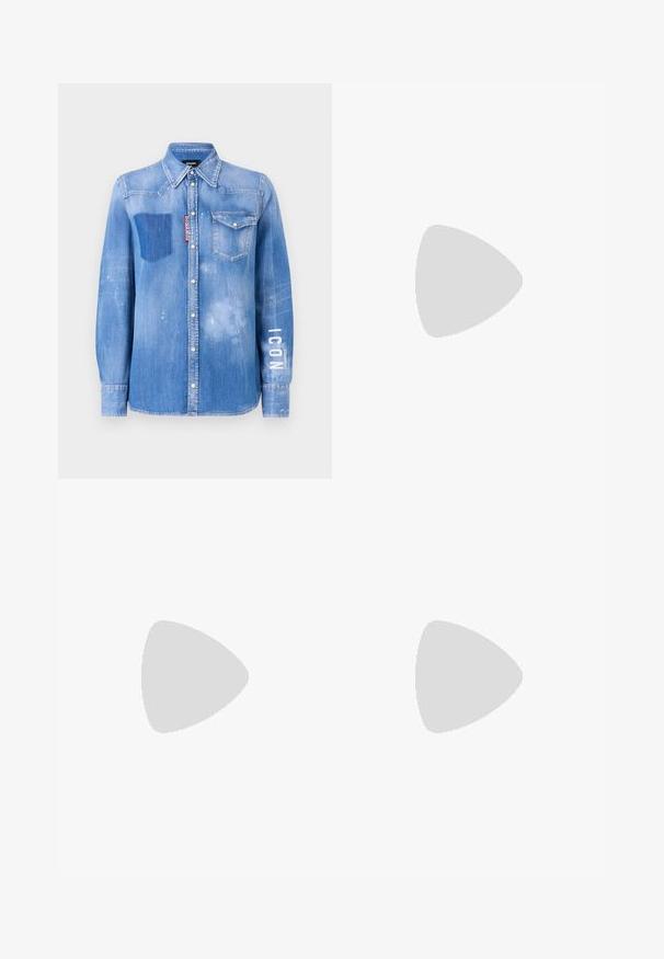 Denim shirt in light blue with a faded finish. Features a patch pocket, button-down collar, and white text "ICON" on the sleeve.; White sleeveless tank top made of soft, ribbed fabric; features thin straps and a round neckline, tag reads "FRAME."; Light blue straight-leg denim jeans with button and zipper closure, belt loops, and standard stitching on a white background.; Black leather ballet flat with a rounded toe, smooth texture, minimal stitching detail, and a flexible sole design.