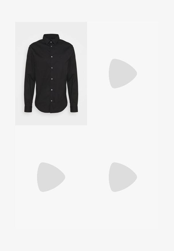 Camicia nera con bottoni, maniche lunghe, colletto classico e vestibilità regolare. Presenta un logo discreto, una texture liscia e bottoni metallici.; Jeans in denim blu scuro con vestibilità slim, caratterizzati da schizzi di vernice, cuciture visibili e design classico a cinque tasche. Taglio dritto.; Sneaker in pelle bianca con una finitura liscia, punta rotonda, lacci piatti e suola testurizzata. Presenta un logo discreto sul tallone.; Occhiali da sole neri rotondi con lenti scure e sottili bracci in metallo. Include punte trasparenti e accenti argentati alla cerniera. Design minimalista.