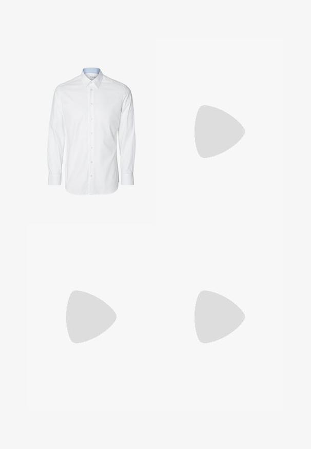 Selected Homme SLHSLIMSOHO SHIRT  - Košile - white; Slim fit džíny v bledě šedém denimovém provedení, s opotřebovanými detaily na kolenou, kombinované s bílými teniskami. Hladká textura, těsný střih.; Bílé kožené tenisky s perforacemi, kulatou špičkou, plochou podrážkou a silnými tkaničkami, které mají viditelné logo swoosh a nápis "AIR" na patě.; Stříbrný nerezový náramkový hodinky s navy modrým ciferníkem, kovovými hodinovými značkami a oknem pro datum na hodině 3. Vodotěsné do 50 metrů.