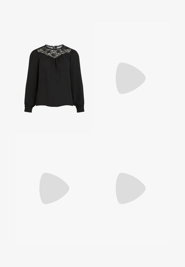 Black long-sleeve blouse featuring a lace yoke, pleated front, and elastic cuffs. Detailed neckline with scalloped edges. Smooth fabric texture.; Black pleated skirt with a smooth texture, featuring a solid black waistband and an embossed logo detail at the front.; Black pointed-toe shoe with a mesh panel design, featuring a low heel and lace-up front. Made from a combination of leather and mesh material.; Snake-print handbag with a curved handle. Made from textured, beige and brown materials, featuring a distinctive diamond pattern.