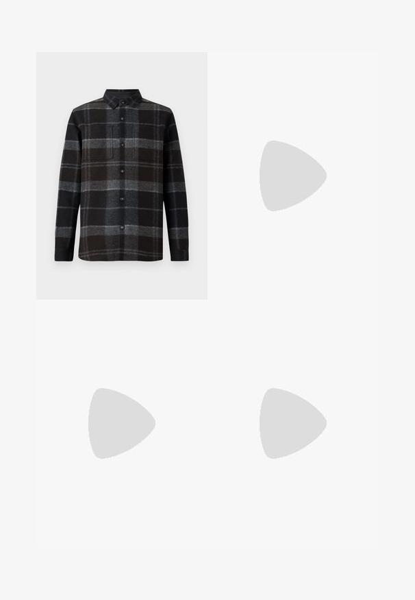 Camicia di flanella a quadri nera e grigia, con colletto a punta, apertura con bottoni e due tasche sul petto. Tessuto morbido e maniche lunghe.; Jeans in denim blu chiaro con design a gamba dritta, cinque tasche, chiusura con bottone, leggero sbiadimento e dettagli di cucitura a contrasto.; Sneaker bianco con tomaia in pelle liscia e profilo basso. Presenta una punta arrotondata, sei occhielli e una suola in gomma testurizzata.; Occhiali da sole trasparenti in plastica con lenti rettangolari marroni, dotati di sottili aste trasparenti e dettagli in metallo sulle tempie.