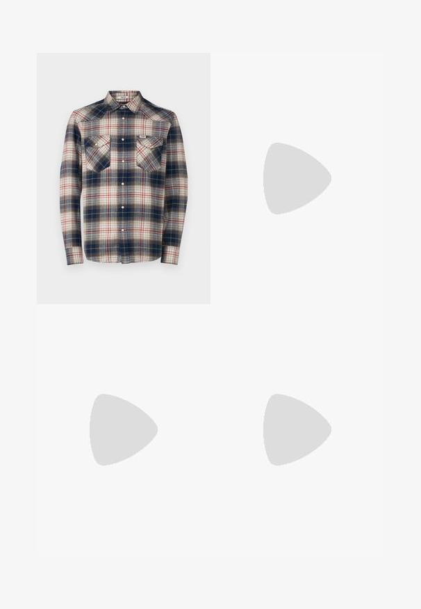 Wrangler WESTERN  - Chemise - navy/red; Débardeur de sport noir, en tissu en maille, encolure ronde, avec l'inscription audacieuse "CHAMPION" en gris sur la poitrine, ourlet droit, design décontracté.; Jeans en denim gris avec une coupe décontractée, affichant une finition délavée, un design à cinq poches et des coutures robustes. Fermeture à bouton en laiton et zip.; Baskets en cuir blanc avec des accents gris, dotées d'une boîte à orteils perforée, de lacets plats et d'une semelle à motifs. Logo New Balance sur le côté.