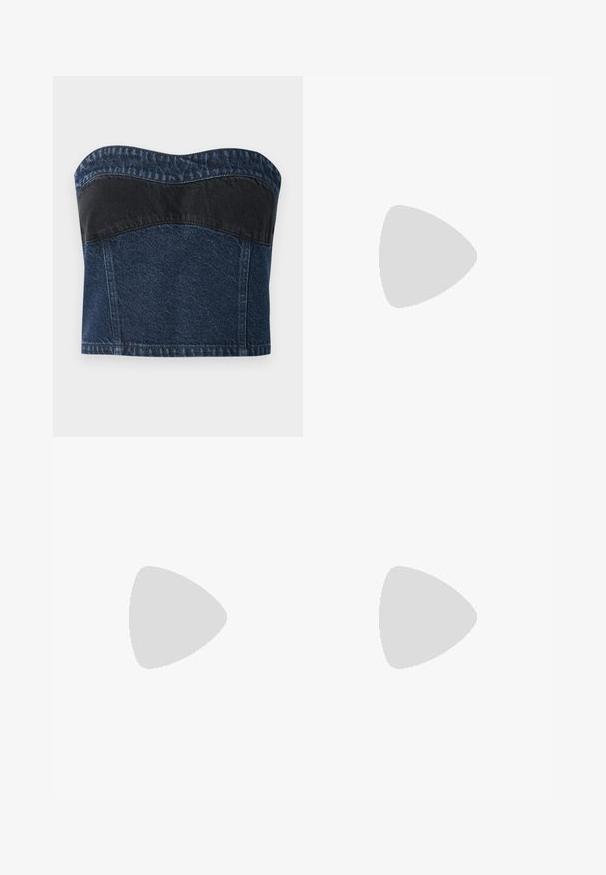 Denim strapless top featuring a dark blue design with a black panel across the upper section, smooth texture, and curved neckline.; Black, glossy shorts made of synthetic material. Features a fitted waist, belt loops, and front pockets with prominent stitching details.; Black leather pump with a pointed toe, low-cut vamp, and a decorative gold accent. Features a stiletto heel and smooth texture.; Brown crocodile-embossed leather bag with a cylindrical shape, gold-tone hardware, and a detachable strap featuring studs.