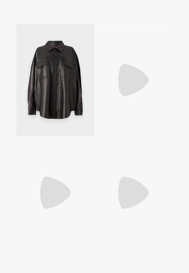 Black leather shirt with a button-up front, pointed collar, and two chest pockets. Features a loose fit and smooth texture.; Black flared pants featuring a smooth texture, tailored waistband, and front pockets, designed with a sleek, modern silhouette.; Black leather loafers with a chunky sole, featuring a gold-tone accent on the front and a smooth finish. Chunky tread design on the sole.; Black leather crossbody bag with two front pockets, gold buckles, zipper closure, and a slim strap. Textured surface and compact rectangular shape.