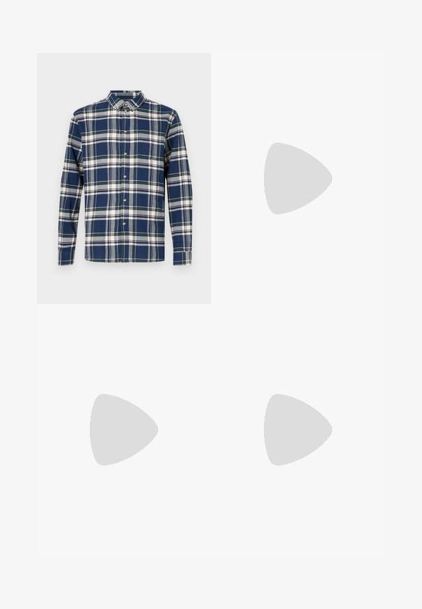 Pledas marinos mėlynos, žalios ir baltos spalvų marškiniai. Ilgomis rankovėmis, sagomis užsegamas apykaklė, sagos gale, kairėje krūtinės kišenė. Medvilnės audinys.; Šviesiai pilka trumpomis rankovėmis marškinėliai su apvaliu kaklu, pristatyti baltoje fone, matomi iš priekio, be jokių matomų logotipų ar dizaino.; Šviesiai mėlynos džinsinės kelnės su aukštu liemeniu, priekyje mygtukas, užtrauktukas ir penkių kišenių dizainas, išklotos ant neutralios fono.; Oficio drobės sneakeriai baltai kreminės spalvos, su apvaliu galiuku, su smėlio spalvos guminiais padais ir penkiomis skylėmis raištams, turintys tekstūruotą viršutinę dalį.