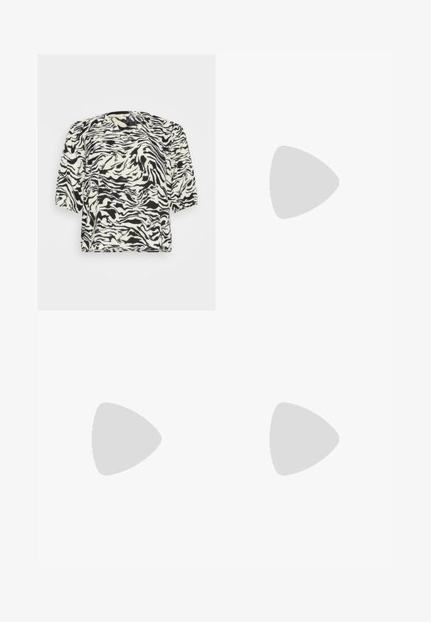 T-shirt à manches courtes avec un motif zèbre noir et blanc. Fabriqué dans un tissu doux et texturé, il offre une coupe décontractée et un col rond.; Pantalon de survêtement bleu clair avec une taille élastique et un cordon de serrage. Présente un petit logo Nike sur le côté, froncé aux poignets.; Baskets blanches chunky en maille texturée et matériaux synthétiques, avec une semelle épaisse et des détails en motif complexes sur les côtés.; Une paire de lunettes de soleil rectangulaires avec des montures translucides bleu clair et des verres gris foncé, présentant des branches droites et des détails matériels minimaux.