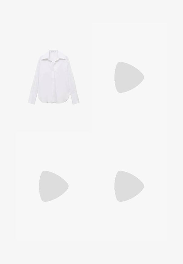 Camicia bianca a maniche lunghe con colletto classico, vestibilità rilassata, spacchi laterali e texture liscia realizzata in tessuto leggero.; Mini gonna bianca, aderente, con una texture liscia e linee pulite. Nessun motivo visibile o accessori. Orlo dritto sul fondo.; Zign Stivali alti - black; Occhiali da sole neri e angolari con lenti grigie; realizzati in plastica, con aste spesse dalla superficie liscia e senza hardware visibile.; Borsa a pochette nera in suede con chiusura a zip e tracolla rimovibile. Presenta hardware in tonalità oro e una texture liscia e opaca.