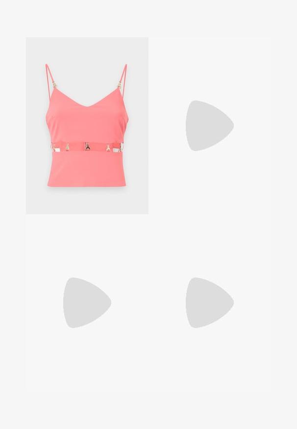 Pink sleeveless top with a V-neck, featuring a zip closure and gold hardware accents at the straps. Smooth texture, fitted design.; Blue denim jeans with slight distressing, raw frayed hems, front pockets, belt loops, and a button closure.; Light blue patent leather mule with a pointed toe, low transparent heel, and a sleek design featuring a cut-out at the vamp.; Black leather tote bag with two long handles, textured finish, gold hardware, and a burgundy tag. Spacious design with an open top.