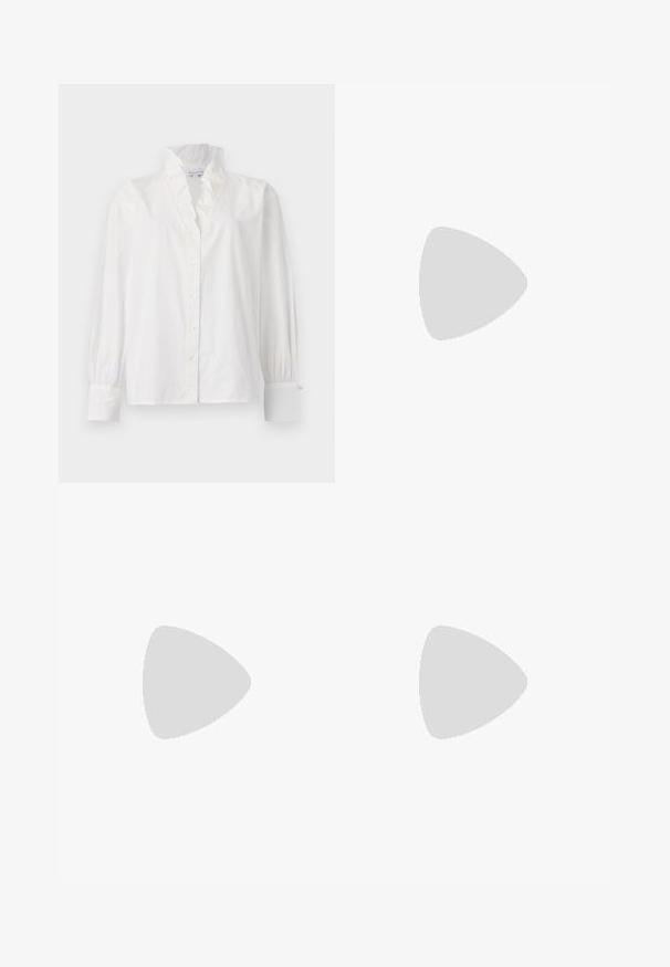 Fehér pamut blúz ráncos gallérral, hosszú puffos ujjakkal és gyöngyszerű gombokkal ellátott gombos elülső résszel.; Fehér kötött midi szoknya, amelynek textúrája függőleges vonalakkal és kivágott részletekkel díszített az alján. Rugalmas derékpánt. Puha anyag.; Fekete bőr balettcipő lekerekített orral, sima tekstúrával, minimális varrással és rugalmas talp kialakítással.; Barna bőr kézitáska, hajtókás zárással, arany színű fém kiegészítőkkel, vállpánttal és sima felülettel. Kompakt téglalap alakú.