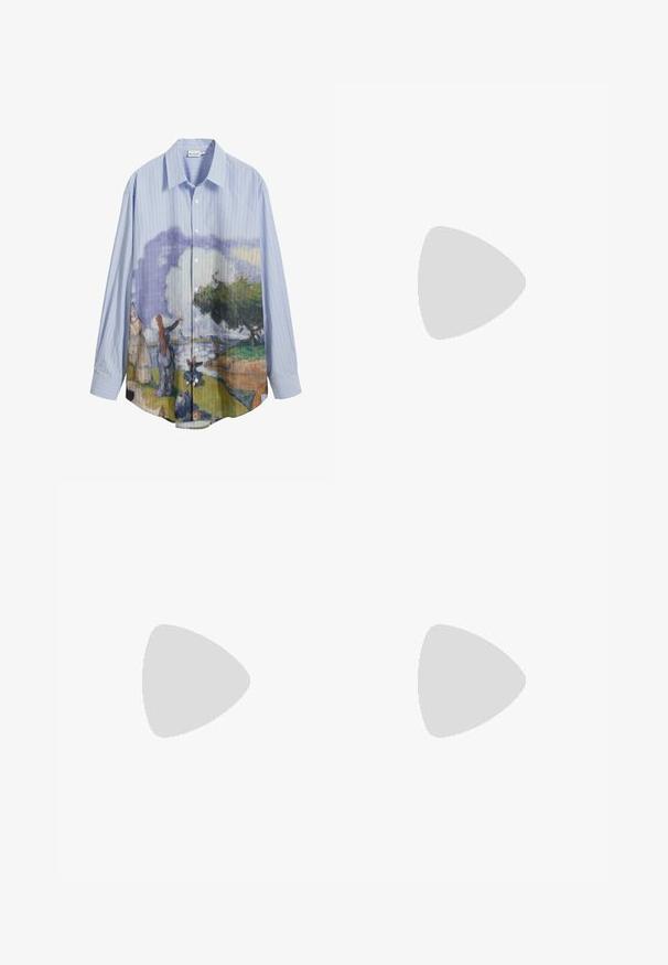 Cămașă albastră cu dungi, cu un scenariu pictat, având o croială lejeră și o artă vizibilă pe partea din față.; Tricou alb cu mânecă lungă, fabricat din bumbac moale. Gât rotund, cu margini drepte și fără modele sau grafice vizibile.; Jeans negre cu picioare largi, realizate din denim. Au un tiv standard, cinci buzunare și accesorii metalice. Detaliile cusute se află de-a lungul cusăturilor.; Botă de cowboy din piele maro cu un gât înalt, vârf ascuțit, modele complicate de cusături și un toc mic. Finisaj texturat pe întreaga suprafață.; Ochelari de soare negri, rectangul care au lentile întunecate, ramă din plastic gros, accente aurii pe brațe și logo-ul brandului gravat pe mâner.