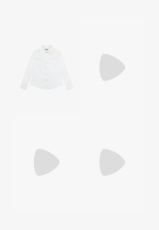 White long-sleeve shirt made of smooth fabric, featuring a button-down front, pointed collar, and subtle embroidery on sleeves.; Light blue straight-leg jeans made of denim, featuring a button closure, five pockets, and subtle fading along the legs.; Black ankle boot made of smooth leather, featuring a pointed toe, a block heel, and distinct raised stitching at the top edge.; Red glossy leather handbag with a triangular shape, wide top opening, and a single curved handle. Smooth texture with minimal stitching details.; Set of twelve hoop earrings in silver and gold tones. Includes twisted, smooth, and textured designs with various sizes and finishes.