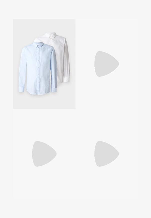 Dos camisas de manga larga: una de color azul claro con rayas verticales y una blanca lisa. Ambas tienen un cierre de botones en la parte delantera y detalles en el cuello.; Pantalones azul marino de tejido suave, con cierre de botón único, pliegues y piernas rectas. Diseño minimalista sin patrones notables.; Los zapatos de cuero marrón tienen una puntera redondeada, un diseño de cordones con cinco ojales y cordones oscuros que contrastan. Los pantalones son de cuadros y están doblados en los puños.; Bandolera de cuero marrón con una tapa frontal plana, dos correas, detalles en metal dorado y una correa para el hombro ajustable.