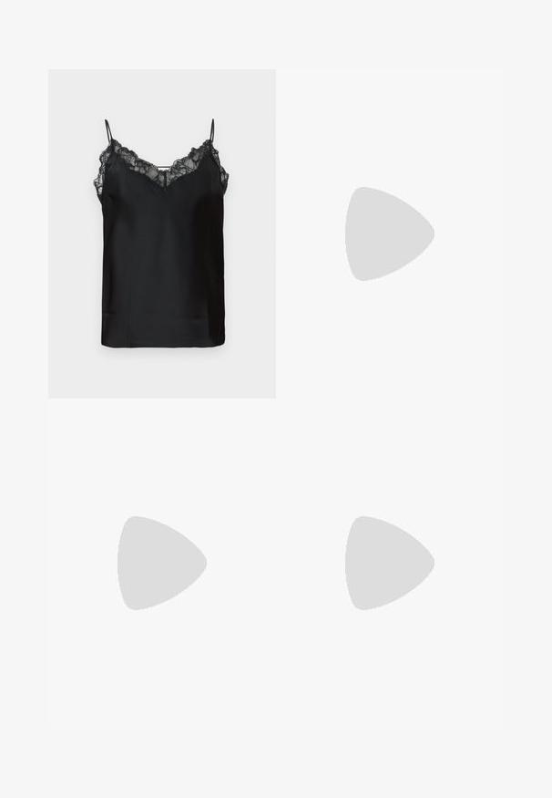 Black camisole with thin adjustable straps, lace trim along the neckline, and a smooth satin texture. Simple and elegant design.; White cotton pants with a straight leg design, featuring a mid-rise waist and no visible hardware or patterns. Smooth texture throughout.; Blue suede loafers with a flat sole, featuring a stitched design along the edges and a decorative metal accent at the front.; White leather handbag with a curved shape, featuring an embossed "CK" logo on the front and a single shoulder strap. Zipper closure at top.