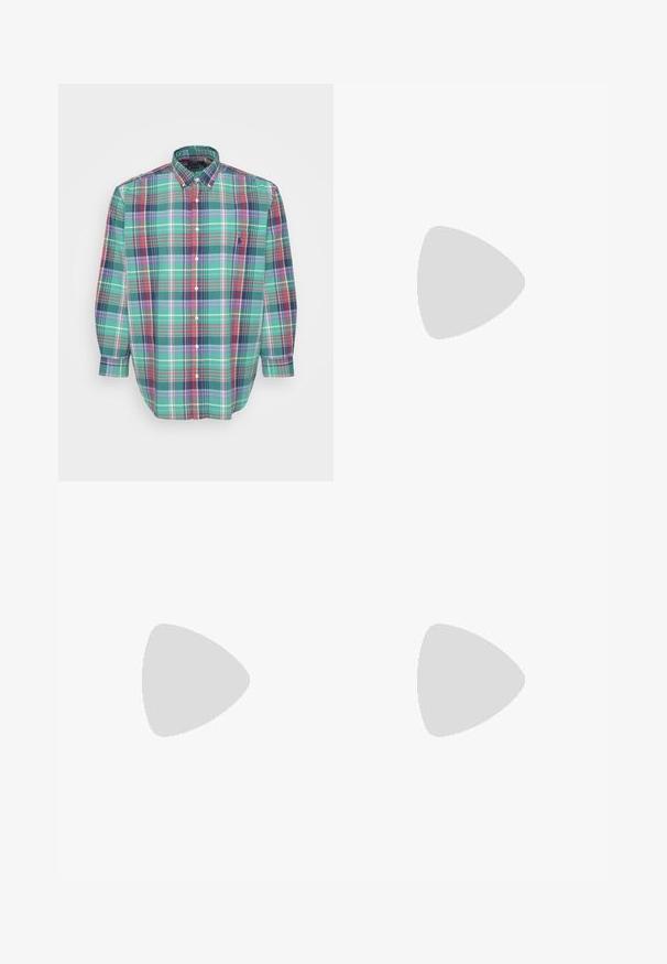 Polo Ralph Lauren Big & Tall PLAID OXFORD SHIRT - Pluus - green/red/multi; Valge polo särk, mis on valmistatud puuvillast, klassikalise kraega, kolme nööbiga kinnitusega ja vasakul rinnal taskuga; väike logo helmel.; Hele kreemjad, mugavad püksid pehmest kangast. Omavad elastset vöökohta stringiga ning kitsenevat jala disaini.; Beige, kreemi ja oliivroheline spordijalats, mis on valmistatud nahast ja sametmaterjalist, ringikujulise varbaga, minimalistliku disainiga ja kummist tallaga.