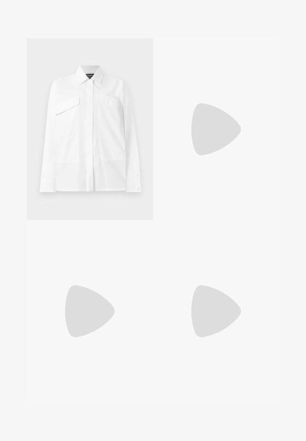 White button-up shirt featuring a classic collar, two chest pockets, and long sleeves with cuff buttons. Smooth fabric with minimal texture.; Brown wide-leg trousers made from a smooth fabric, featuring a front button closure, two front pockets, and clean, tailored lines.; Black leather slingback shoe with a pointed toe, featuring a woven accent and pleated upper design. Flat sole with minimal hardware.; Brown leather handbag with a textured finish, angular design, and a distinctive top handle. Features a patterned woven strap detail.