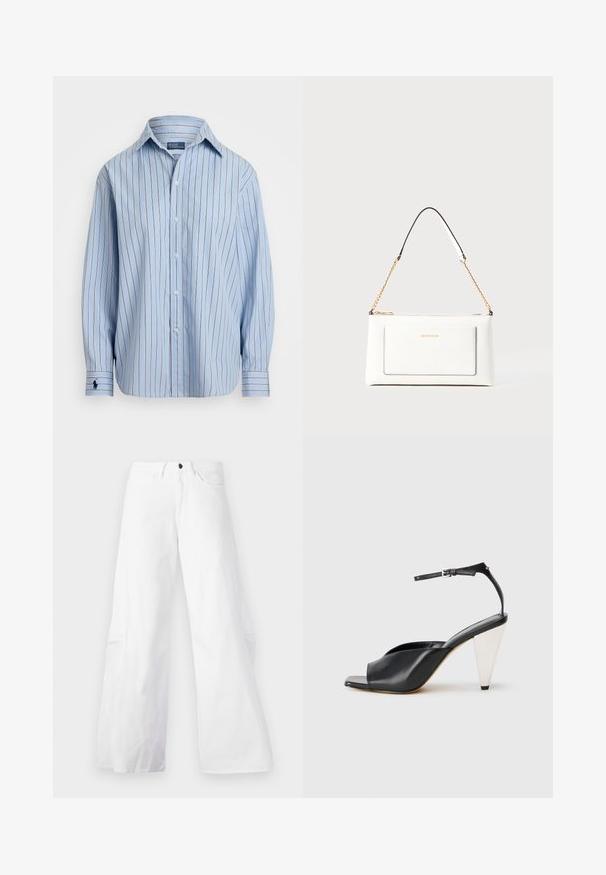 Camisa de manga longa azul clara com riscas verticais em branco e castanho, com fecho de botões à frente e um pequeno logótipo no punho esquerdo. Textura de tecido suave.; Calças de ganga largas brancas com um design de cinco bolsos. Apresenta um fecho de botão preto e fecho de correr. Textura suave, silhueta reta.; Sandal de salto alto em couro preto com bico aberto, design assimétrico, tira no tornozelo e um salto metálico em forma de cone. Textura suave por toda a parte.; Bolsa de mão branca em couro com acabamento texturizado, featuring a corrente dourada e detalhes pretos. Inclui um bolso frontal e fecho com zipper.