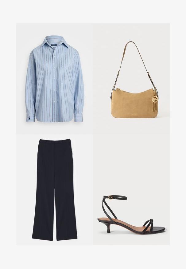 Camicia a maniche lunghe azzurro chiaro con righe verticali bianche e marroni, chiusura con bottoni frontale e un piccolo logo sul polsino sinistro. Tessuto morbido.; Pantaloni a gamba larga blu navy realizzati in un tessuto liscio, con una vita alta e due pieghe frontali che si estendono lungo le gambe.; Polo Ralph Lauren LEATHER KITTEN-HEEL SANDAL - Decolleté - black; Borsa a spalla in suede marrone chiaro con forma arrotondata, hardware dorato e chiusura con cerniera. Presenta un charm attaccato con le iniziali "MK."