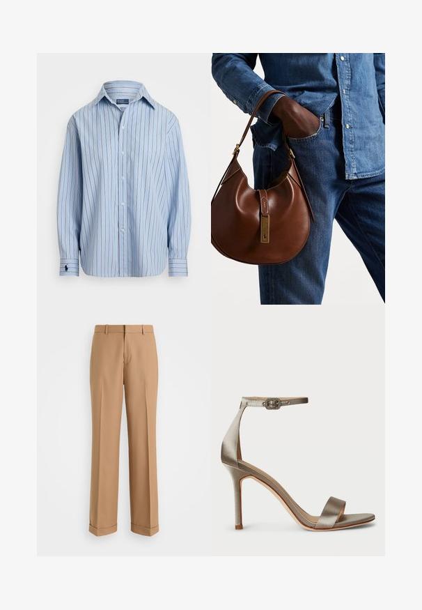 Svetlo modra srajca z dolgimi rokavi z navpičnimi belimi in rjavimi črtami, z gumbi spredaj in majhnim logotipom na levem zapestju. Mehka tekstura blaga.; Bež hlače po meri s ravnim krojem, izdelane iz mehkega blaga, z sprednjim pregibom in zvitimi robovi.; Satin visoke pete sandale v srebrni barvi z zapenjanjem okoli gležnja in dekorativno sponko. Odprti prsti in tanek, eleganten dizajn.; Rjava usnjena hobo torba zaobljene oblike, ki vsebuje zlatokovinske dodatke in kontrastno šivanje. V kombinaciji z denim srajco in kavbojkami.