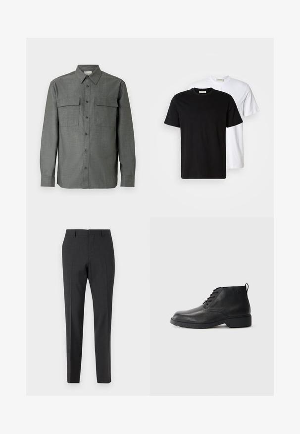 Hall halliga nööpidega särk, millel on struktureeritud krae, kaks rinnataskut ja pikad varrukad nööpidega mansettidega; tekstuuriga kangapind.; Kaks lihtsat puuvillast T-särki, must, mis on asetatud valge särgi ette, mõlemad lühikeste varrukatega ja ümmarguste kaelustega.; Tumed hallid kohandatud püksid sileda tekstuuriga, kitsas lõige, lame esipind ja vöörihmadega, mõeldud ametlikuks või äriülikonnaks.; Mustad mustad nahast saapad tekstureeritud viimistlusega, ümmargune varvas, paeltega eest kinni tõmmatavad ja tugevast kummist tald. Tagaküljel on väike tõmbetab.