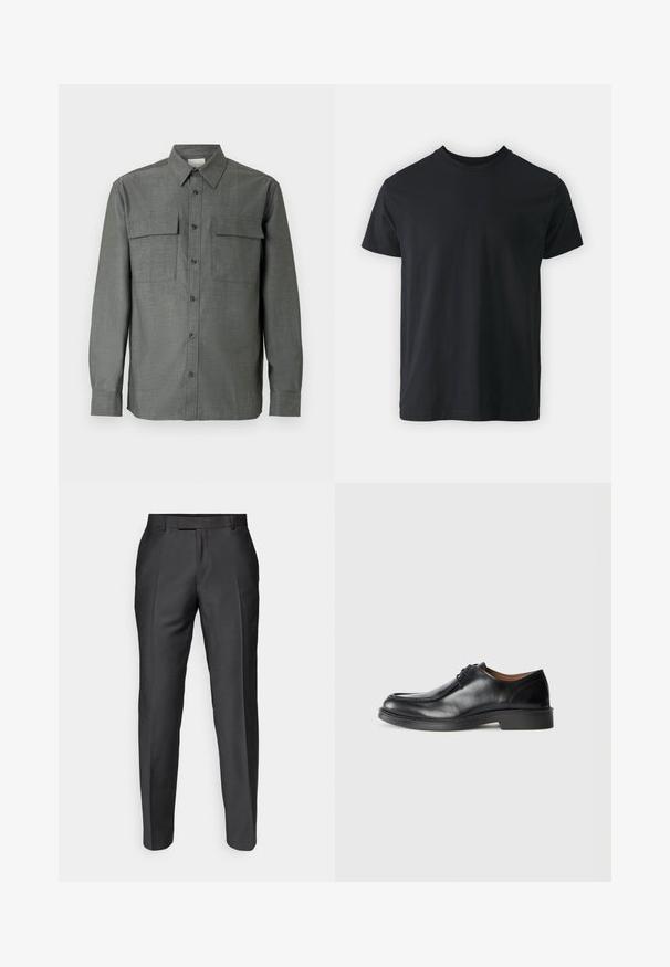 A szürke gombos ing kialakított gallérral, két mellkasi zsebbel és hosszú ujjakkal, melyek gombos mandzsettával rendelkeznek; texturált anyagfelület.; Fekete pamut, rövid ujjú póló, kerek nyakkivágással és laza szabással. Sima textúra és egyenes szegély, látható grafikák vagy minták nélkül.; Sötét szürke anyagból készült szabott nadrág. Slim fit fazonú, lapos elejű és övhurkokkal rendelkezik. Zökkenőmentes textúrával és finom fényességgel bír.; Fekete bőrből készült férfi cipő lekerekített orral, sima felülettel, fűzőkkel és alacsony, texturált gumitalppal. Tiszta vonalak és letisztult dizájn.