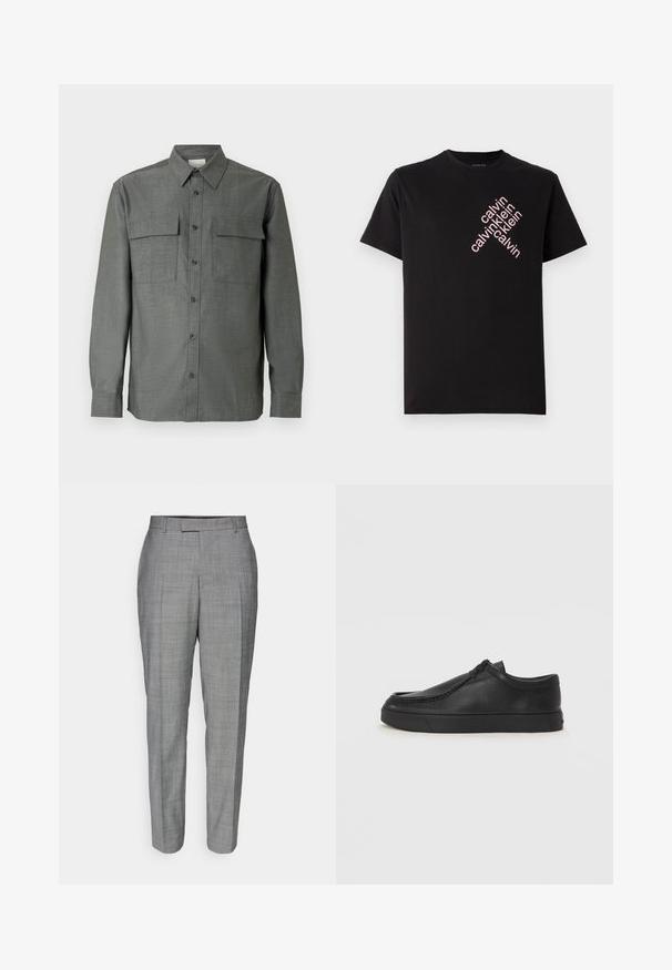 Grå skjorte med knapper, strukturert krage, to brystlommer og lange ermer med knappede mansjetter; teksturert stofffinish.; Svart bomull T-skjorte med skrå rosa "calvin klein" logo trykk foran. Korte ermer og rund halslinning.; Grå skreddersydde bukser med et subtilt rutemønster, rett snitt og glatt tekstur med flat front og beltehemper.; Sorte skinnsko uten snøring med rund tå, sydd detaljer og svart gummisåle. Glatt tekstur med minimalistisk design.