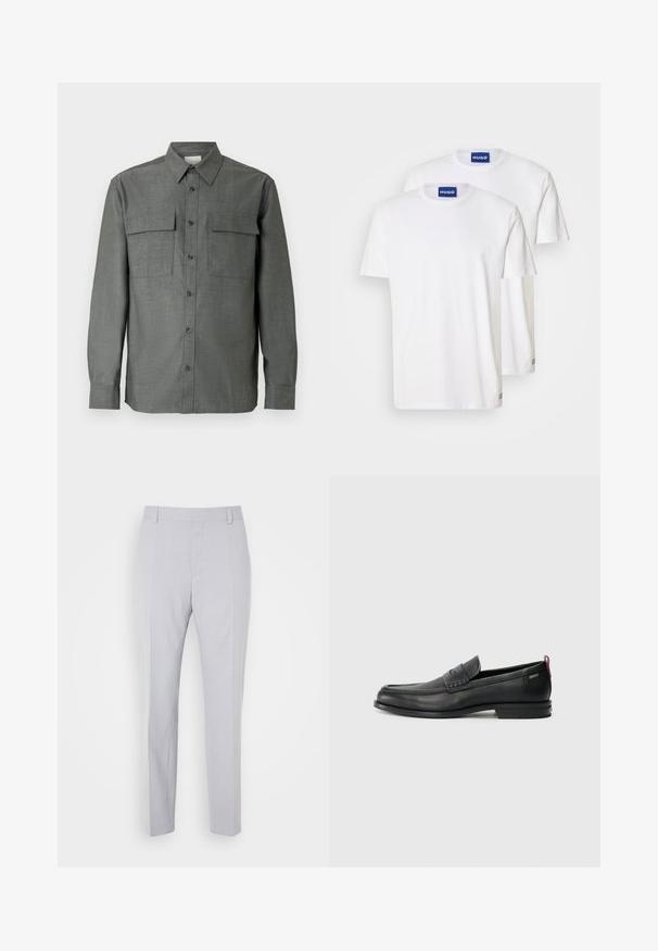 Pelēka pogām aiztaisāma krekla krekla izskatā ir strukturēts apkaklis, divas krūšu kabatas un garas piedurknes ar pogām aizpogājamiem aprocēm; auduma virsma ir strukturēta.; Baltas kokvilnas T-kreklos ar apaļu kakla izgriezumu un īsām piedurknēm, uz kuriem uzkrāsoti zili "HUGO" uzlīmes uz kakla un mazi akcenti uz apakšmalas.; Gai pelēki piegrieztie bikses ar gludu tekstūru, taisnu priekšpusi un taisnām kājām; iekļauj presētas krokas un jostu cilpas.; Melni ādas loafers, ar teksturētu priekšējo paneli un gludām malām. Ar šauru papēdi un aizmugurējo cilpu vieglai uzlikšanai. Klasisks dizains.