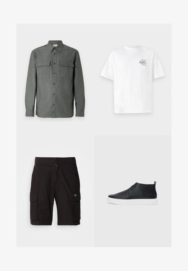 Pelēka pogām aiztaisāma krekla krekla izskatā ir strukturēts apkaklis, divas krūšu kabatas un garas piedurknes ar pogām aizpogājamiem aprocēm; auduma virsma ir strukturēta.; Balta kokvilnas T-krekls ar īsām piedurknēm, apaļo kaklu, ar melnu CK logotipu kreisajā krūšu zonā, standarta piegriezums, gluda tekstūra.; Melni cargo šorti, kas izgatavoti no viegla auduma. Iespējas: pogu un rāvējslēdzēja aizdare, divi sānu cargo kabatas un šuvju detaļas.; Melnas ādas augstas tenisa kurpes ar gludu apdari, baltu gumijas zoli un vienkāršu šņorēšanas dizainu. Aizmugurē ir vilkšanas cilpa.
