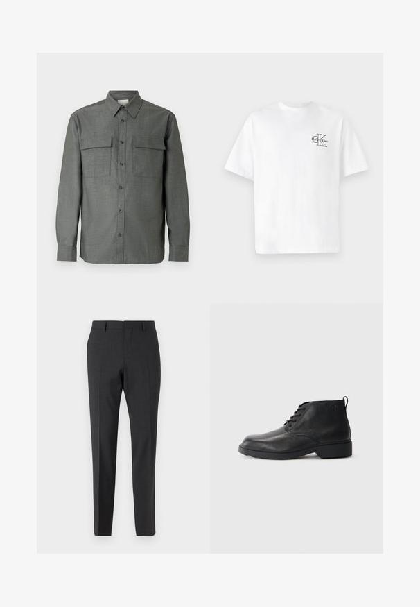 Siva košulja na kopčanje ima strukturirani ovratnik, dva džepa na prsima i duge rukave s manšetama na gumbe; tkanina s teksturom.; Bjela pamučna majica kratkih rukava, okruglog izreza, s crnim CK logom na lijevoj strani prsnog dijela, standardnog kroja, glatke teksture.; Tamno sivi krojeni hlače s glatkom teksturom, uskog kroja, ravnim prednjim dijelom i petljama za remen, namijenjene formalnoj ili poslovnoj odjeći.; Crne kožne čizme s teksturiranim završetkom, okruglim prstom, vezanjem sprijeda i čvrstim gumenim potplatom. Imaju mali povlačni tab na stražnjem dijelu.