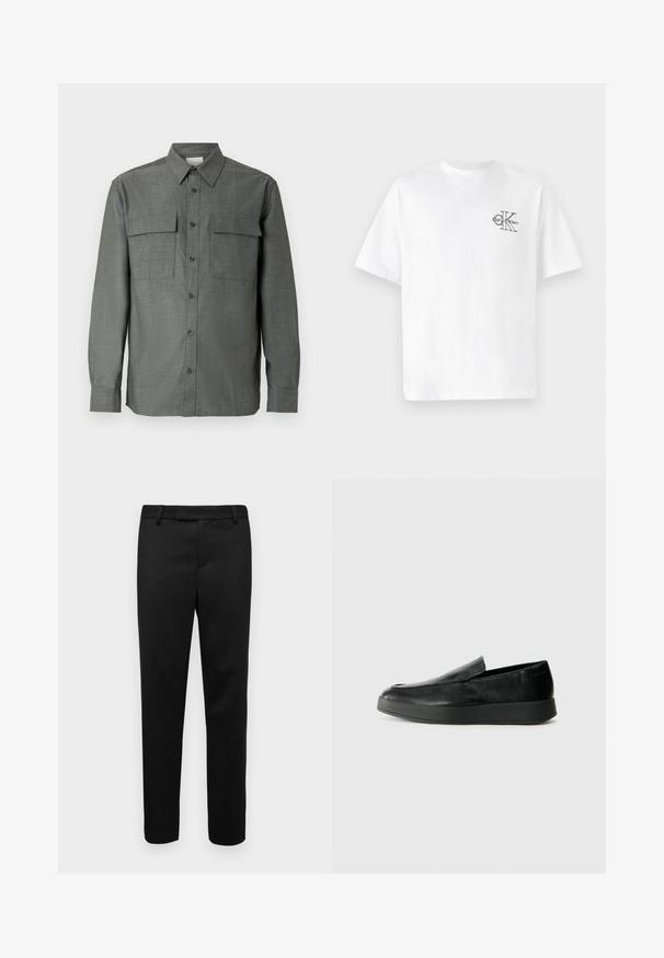 Γκρι πουκάμισο με κουμπιά, διαθέτει σταθερό γιακά, δύο τσέπες στο στήθος και μακριά μανίκια με κουμπιά στις μανσέτες· υφή υφάσματος με ανάγλυφο φινίρισμα.; Λευκό βαμβακερό μπλουζάκι με κοντά μανίκια, στρογγυλή λαιμόκοψη, με μαύρο λογότυπο CK στην αριστερή πλευρά του στήθους, κανονική εφαρμογή, απαλό υλικό.; Μαύρο παντελόνι από λείο ύφασμα, με ίσια γραμμή, θηλιές ζώνης και πλαινές τσέπες. Ο σχεδιασμός είναι μινιμαλιστικός χωρίς ορατά μοτίβα.; Calvin Klein HYBRID CUP - Παπούτσια χωρίς κορδόνια - triple black