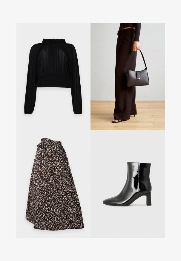 Melnā īsā tops ar pleitu faktūru, garām piedurknēm, augstu kakla izgriezumu un savāktām detaļām apakšmalā un plecos.; Sporta maxi svārki leopardu rakstā brūnā un melnā krāsā, izgatavoti no mīksta auduma, ar kuriem saistīts jostasvīrs un krokotiem, lai radītu plūstošu siluetu.; Melnas patentētas ādas potīšu zābaki ar norādītu pirkstu un vidēja augstuma kvadrātveida papēdi. Gluda tekstūra un minimālisma dizains.; Melnā somiņa ar strukturētu formu, gludu tekstūru un metālu sprādzi. Saskaņota ar platām melnām biksēm un sandālēm ar atvērtu purngalu uz koka grīdas.
