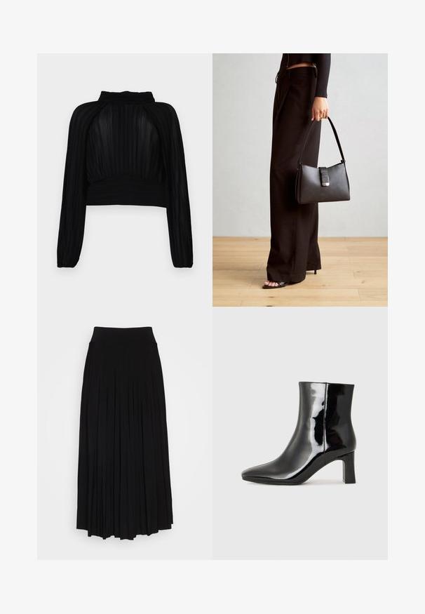 Black cropped top with pleated texture, long sleeves, high neckline, and gathered detailing at the hem and shoulders.; Black pleated skirt with a high, stretchy waistband. Made from soft fabric, featuring vertical pleats for a flowing silhouette.; Black patent leather ankle boot with a pointed toe and a mid-height block heel. Smooth texture and minimalist design.; Black handbag with structured shape, smooth texture, and a metallic clasp. Paired with wide black pants and open-toe sandals on wooden floor.