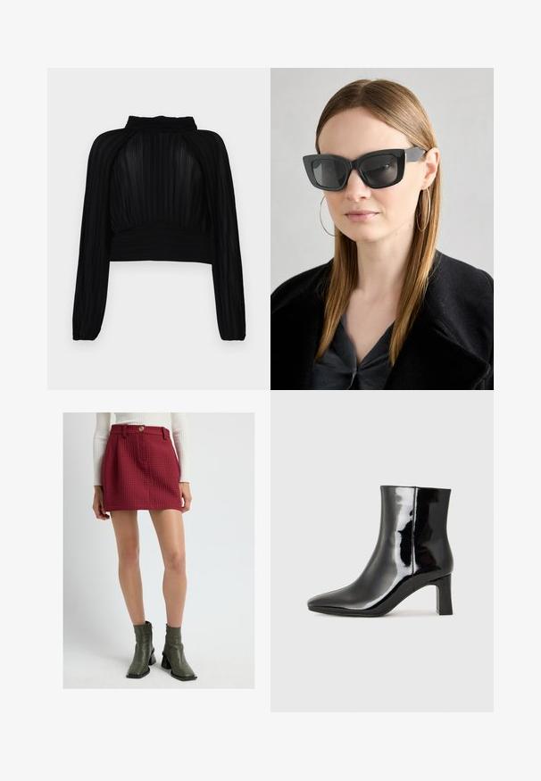 Schwarzes, verkürztes Oberteil mit plissierter Textur, langen Ärmeln, hohem Kragen und Raffung am Saum und an den Schultern.; Frau trägt einen strukturierten roten Minirock mit Frontknopf und olivgrünen Stiefeletten, steht vor einem schlichten hellen Hintergrund.; Schwarzer Lackleder-Stiefelette mit spitzer Zehe und einem mittelhohen Blockabsatz. Glatte Textur und minimalistisches Design.; Schwarze Katzenaugen-Sonnenbrille mit dunklen Gläsern, dicken Rahmen und subtilen Akzenten. Getragen mit einem schwarzen Mantel und einem grauen Oberteil, dazu lange, glatte Haare.