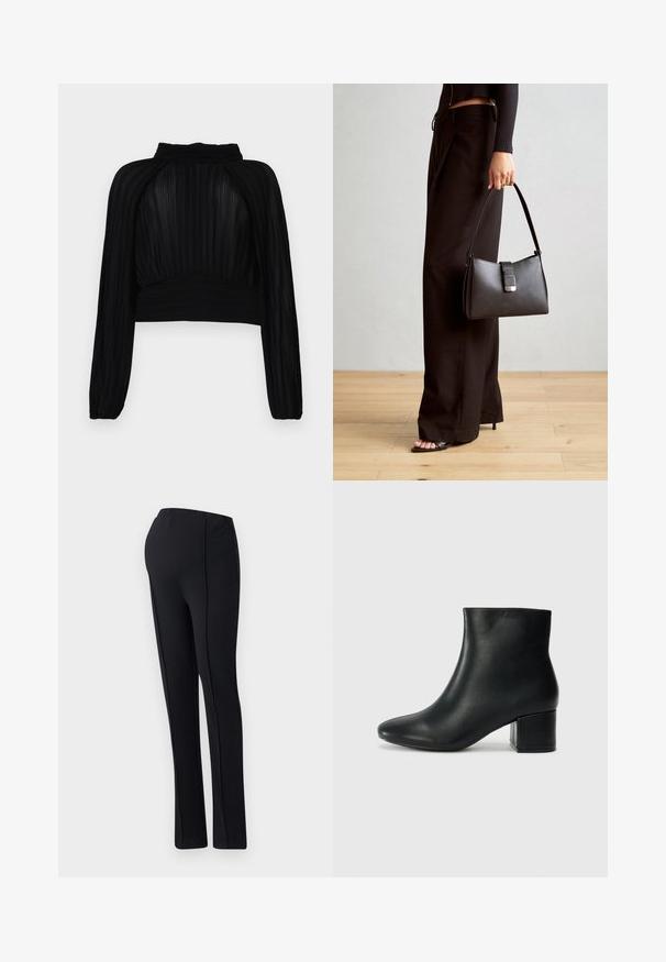 Czarny krótki top z plisowanym wzorem, długimi rękawami, wysokim dekoltem oraz marszczeniem na dole i przy ramionach.; Czarne legginsy z elastycznym paskiem, dopasowanym krojem i prostymi nogawkami. Gładki materiał o eleganckim, minimalistycznym wzornictwie. Brak kieszeni.; Czarne skórzane botki za kostkę z ostrym noskiem i masywnym obcasem. Gładka tekstura z minimalnymi akcentami i elegancki, dopasowany fason.; Czarna torebka o usztywnionym kształcie, gładkiej fakturze i metalowym zapięciem. Połączona z szerokimi czarnymi spodniami i sandałami na otwartym palcu na drewnianej podłodze.