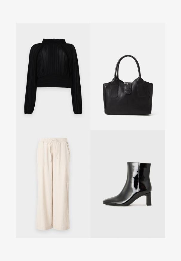 Black cropped top with pleated texture, long sleeves, high neckline, and gathered detailing at the hem and shoulders.; Beige linen wide-leg pants with an elastic waistband and front pockets. Smooth texture, lightweight fabric, ankle-length design.; Black patent leather ankle boot with a pointed toe and a mid-height block heel. Smooth texture and minimalist design.; Black leather tote bag with smooth texture, structured shape, two handles, and a prominent silver buckle detail on the front.