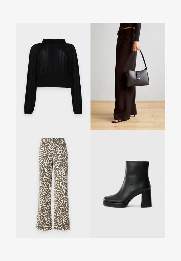 Μαύρο κοντό τοπ με πλισέ υφή, μακριά μανίκια, ψηλό λαιμό και συγκεντρωμένες λεπτομέρειες στο στρίφωμα και στους ώμους.; Τζιν παντελόνι με λεοπάρ μοτίβο, ψηλή μέση, ανοιχτό καφέ βάση και σκούρες καφέ κηλίδες; σχέδιο με φαρδύ μπατζάκι; ανθεκτικό ύφασμα με απαλό πέγλημα.; Μαύρη δερμάτινη μποτάκι στον αστράγαλο με τετράγωνο τακούνι και πλατφόρμα, απεικονισμένο από το πλάι σε λευκό φόντο.; Μαύρη τσάντα χειρός με δομημένο σχήμα, λεία υφή και μεταλλικό κούμπωμα. Συνδυασμένη με φαρδιά μαύρα παντελόνια και σανδάλια ανοιχτής μύτης πάνω σε ξύλινο πάτωμα.