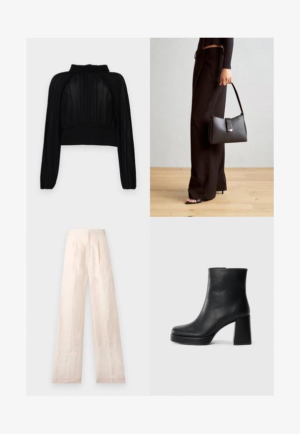 Črna kratka majica s plisejem, dolgimi rokavi, visokim ovratnikom in nabranjem na robu ter ramenih.; Bež hlače širokega kroja, narejene iz lanenega materiala s gladko teksturo, z večnimi gubami spredaj in preprostim oblikovanjem pasu.; Črne usnjene gležnjarje z blok peto in platformo, prikazane s strani na enobarvni beli podlagi.; Črna torbica z strukturirano obliko, gladko teksturo in kovinskim zaponko. Ujemajo se z širokimi črnimi hlačami in odprtimi sandali na lesenem tleh.