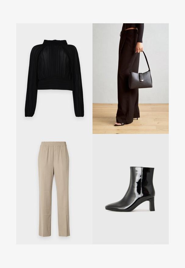 Čierny skrátený top s skladanou textúrou, dlhými rukávmi, vysokým golierom a zhromaždením na lemovaní a pleciach.; Béžové, ľahké nohavice s elastickým pásom, rovný strih, jemná textúra a jemné záhyby. Žiadne viditeľné vrecká.; Čierne lakované členkové topánky s špicatou špičkou a stredne vysokým blokovým podpätkom. Hladká textúra a minimalistický dizajn.; Čierna kabelka so štruktúrovaným tvarom, hladkou textúrou a kovovou sponou. V kombinácii so širokými čiernymi nohavicami a sandálmi s otvorenou špičkou na drevenej podlahe.
