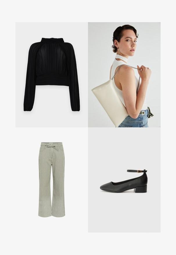 Haut noir court avec texture plissée, manches longues, col haut et détails froncés à l'ourlet et aux épaules.; Pantalons large à rayures vertes et blanches, dotés d'une taille ceinturée, de deux poches avant et d'une texture de tissu douce.; Escarpin en cuir noir avec un bout pointu et un petit talon bloc. Doté d'une bride de cheville avec une boucle dorée. Texture lisse.; Pochette rectangulaire blanche en matériau brillant, avec une bandoulière en chaîne argentée. Le modèle pose en mettant en valeur le sac contre un fond uni.