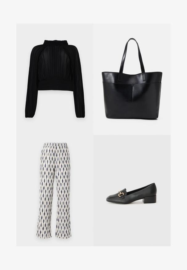Top preto cropped com textura plissada, mangas longas, decote alto e detalhes franzidos na bainha e nos ombros.; Calças largas em tecido creme, apresentando um padrão de gotas de água em azul-marinho repetitivo. A cintura elástica e a textura suave aumentam o conforto.; Mocassins de couro preto com um salto baixo, apresentando um detalhe decorativo em metal dourado na parte da frente e uma textura suave.; Bolsa tote preta em couro com duas alças longas, textura suave e forma estruturada. Apresenta um bolso frontal para armazenamento adicional.
