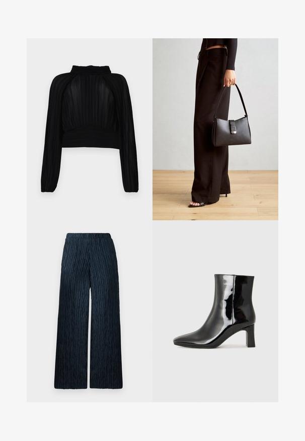 Top corto nero con texture plissettata, maniche lunghe, collo alto e dettagli arricciati all'orlo e alle spalle.; Pantaloni a gamba larga in blu scuro con tessuto testurizzato e leggermente stropicciato. Presentano una cintura elastica per il comfort e una superficie liscia.; Stivaletto in pelle verniciata nera con punta a punta e tacco a blocco di altezza media. Texture liscia e design minimalista.; Borsa nera con forma strutturata, texture liscia e una chiusura metallica. Abbinata a pantaloni neri larghi e sandali open-toe su un pavimento in legno.