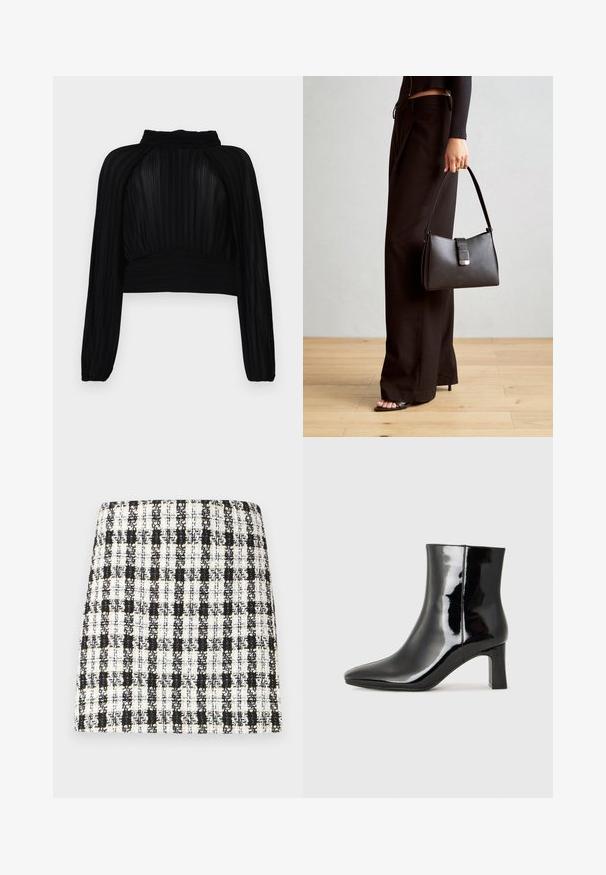 Čierny skrátený top s skladanou textúrou, dlhými rukávmi, vysokým golierom a zhromaždením na lemovaní a pleciach.; Čierno-bielá kockovaná sukňa vyrobená z textúrovanej látky, s tvarovaným dizajnom a rovnými líniami, s minimálnymi detailmi.; Čierne lakované členkové topánky s špicatou špičkou a stredne vysokým blokovým podpätkom. Hladká textúra a minimalistický dizajn.; Čierna kabelka so štruktúrovaným tvarom, hladkou textúrou a kovovou sponou. V kombinácii so širokými čiernymi nohavicami a sandálmi s otvorenou špičkou na drevenej podlahe.