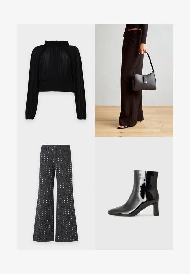 Svart cropped topp med plisserte teksturer, lange ermer, høy hals og rynkete detaljer ved kanten og skuldrene.; Sorte, utvidete denimjeans med et mønster av små sølvnagler ordnet vertikalt. Fem lommer og en knappelukking er inkludert.; Sorte patentlær ankle boot med spiss tå og en mellomhøy blokkhelt. Glatt tekstur og minimalistisk design.; Svart håndveske med strukturert form, jevn tekstur og metallisk lås. Kombinert med brede svarte bukser og sandaler med åpen tå på tregulv.