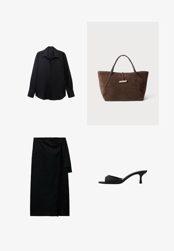 Schwarzes Langarmhemd aus strukturiertem Stoff mit spitzem Kragen, Knopfleiste und lockerer Passform. Die Manschetten sind mit einem einzelnen Knopf tailliert.; Schwarzer Wickelrock aus einem strukturierten Stoff, mit einer seitlichen Schlaufenbindung, geradem Schnitt und abgeschlossenen Saum mit leichtem Fransen.; Schwarze Absatzmules mit einer breiten, offenen Zehenpartie und einem geschwungenen Oberteil. Hergestellt aus strukturiertem Stoff, mit einem schlanken Absatz und einer glatten Sohle.; Braune Wildleder-Tote mit zwei weichen Griffen, einem vertikalen Riemen mit silbernem Akzent und einem weiten, offenen oberen Bereich. Glatte Textur, minimalistisches Design.