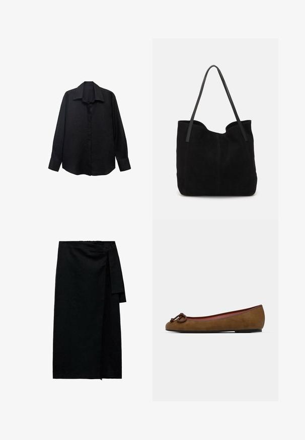 Camicia nera a maniche lunghe realizzata in tessuto texturizzato, con colletto a punta, chiusura con bottoni e vestibilità ampia. I polsini sono rifiniti con un singolo bottone.; Gonna nera avvolgente in un tessuto testurizzato, con chiusura a legaccio laterale, taglio dritto e orlo finito con leggero sfilacciamento.; Ballerina in suede marrone con punta arrotondata, caratterizzata da un dettaglio annodato sulla parte frontale, sottile bordo rosso e suola nera piatta.; Borsa a tote in suede nera con due lunghe e piatte tracolle in pelle. Presenta un bordo superiore curvo e cuciture visibili sul davanti. Nessun elemento hardware.