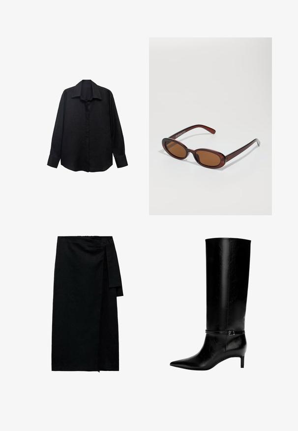 Schwarzes Langarmhemd aus strukturiertem Stoff mit spitzem Kragen, Knopfleiste und lockerer Passform. Die Manschetten sind mit einem einzelnen Knopf tailliert.; Schwarzer Wickelrock aus einem strukturierten Stoff, mit einer seitlichen Schlaufenbindung, geradem Schnitt und abgeschlossenen Saum mit leichtem Fransen.; Schwarze Lederstiefel bis zum Knie mit spitzer Zehe und kleinem Absatz. Verfügt über einen schmalen Riemen mit einer metallischen Schnalle am Knöchel. Glatte Textur.; Runde, braun getönte Sonnenbrillen mit einem glänzenden burgunderfarbenen Rahmen. Schlanke Bügel mit dezentem Branding. Flaches Linsendesign.; Geflochtene burgunderfarbene Handtasche mit runder Form und einem einzelnen Griff, die über eine strukturierte Oberfläche und einen elastischen Kordelzugverschluss verfügt.