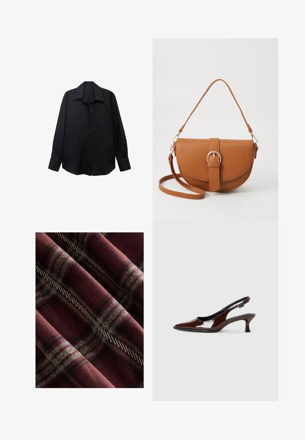 Schwarzes Langarmhemd aus strukturiertem Stoff mit spitzem Kragen, Knopfleiste und lockerer Passform. Die Manschetten sind mit einem einzelnen Knopf tailliert.; Kariertes Gewebe in Burgunderrot und Grau, das eine weiche Textur mit ausgeprägten schwarzen und cremefarbenen Linien sowie einem durchgängigen Gewebemuster zeigt.; Braune Lackleder-Slingback-Schuhe mit spitzer Zehe und moderatem Absatz. Mit einem Schnallenriemen für einen sicheren Sitz. Glatte Textur.; Braune Leder-Crossbody-Tasche mit geschwungener Form, goldfarbenen Beschlägen und einer Schnallenakzentuierung. Verfügt über einen abnehmbaren Schultergurt.