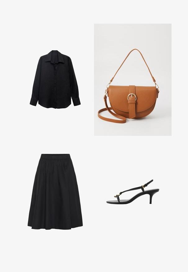 Schwarzes Langarmhemd aus strukturiertem Stoff mit spitzem Kragen, Knopfleiste und lockerer Passform. Die Manschetten sind mit einem einzelnen Knopf tailliert.; Schwarzer Rock mit elastischem Bund, schwingendem Design, knielang, aus glattem Stoff mit minimalen Nähdetails.; Schwarze Leder-Kitten-Heel-Sandale mit dünnen Riemen, goldener Schnalle und minimalistischer Zehen-Schlaufe vor einem weißen Hintergrund.; Braune Leder-Crossbody-Tasche mit geschwungener Form, goldfarbenen Beschlägen und einer Schnallenakzentuierung. Verfügt über einen abnehmbaren Schultergurt.