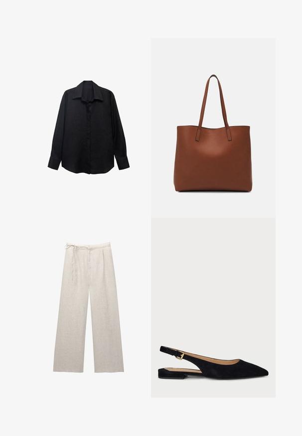 Zwarte blouse met lange mouwen van textuurstof, met een puntige kraag, knoopsluiting aan de voorkant en een losse pasvorm. De manchetten zijn afgewerkt met een enkele knoop.; Lichtbeige linnen wijde broek met een hoge taille, plooien en een verstelbaar koord. De gladde textuur en strakke lijnen verbeteren het ontwerp.; Zwarte suède slingback ballerina's met spitse neus, minimalistisch ontwerp, gouden hardware gesp en een lage hak. Soepele textuur en elegante silhouet.; Bruine leren tote bag met een gladde textuur, een ontwerp met een open bovenkant en twee schouderbanden. Kenmerkt zich door minimale stiksels en geen zichtbare hardware.